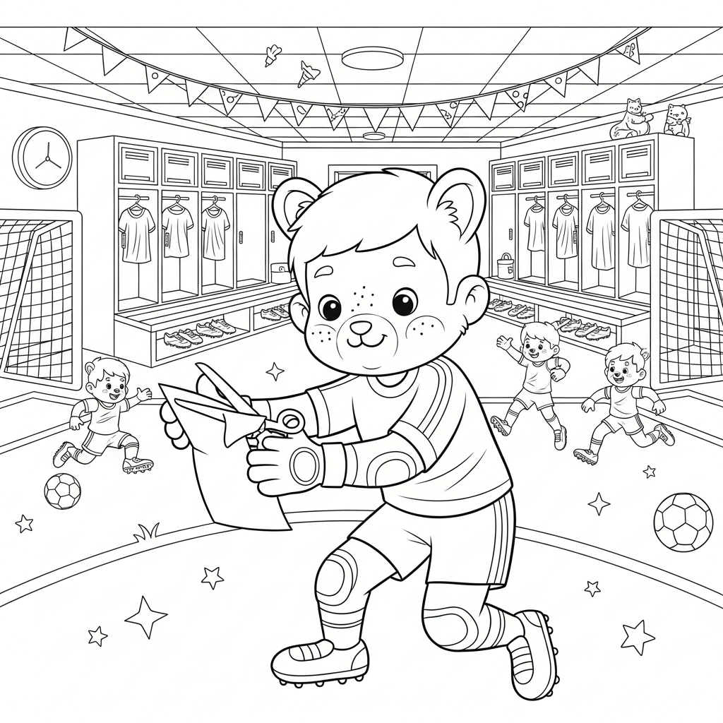Desenho de goleiro para colorir recortando papel com tesoura no vestiário com armários