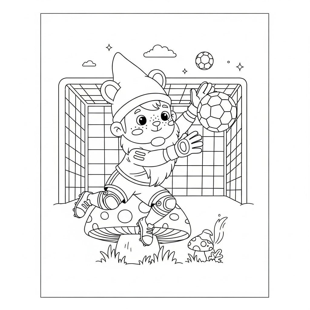 Desenho de goleiro para colorir vestido de duende sentado em cogumelo no quarto infantil