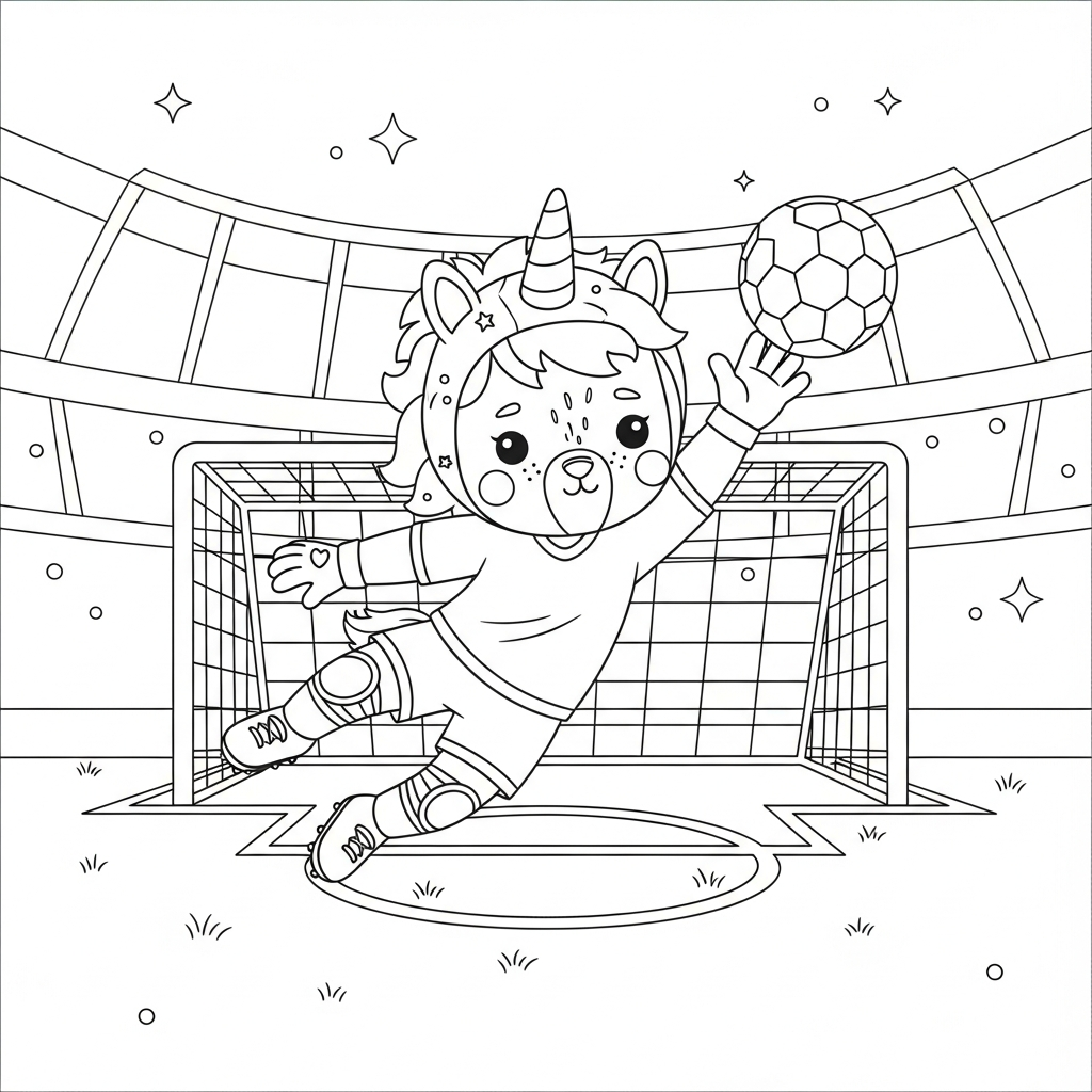 Desenho de goleiro para colorir vestido de unicórnio no círculo central do campo.