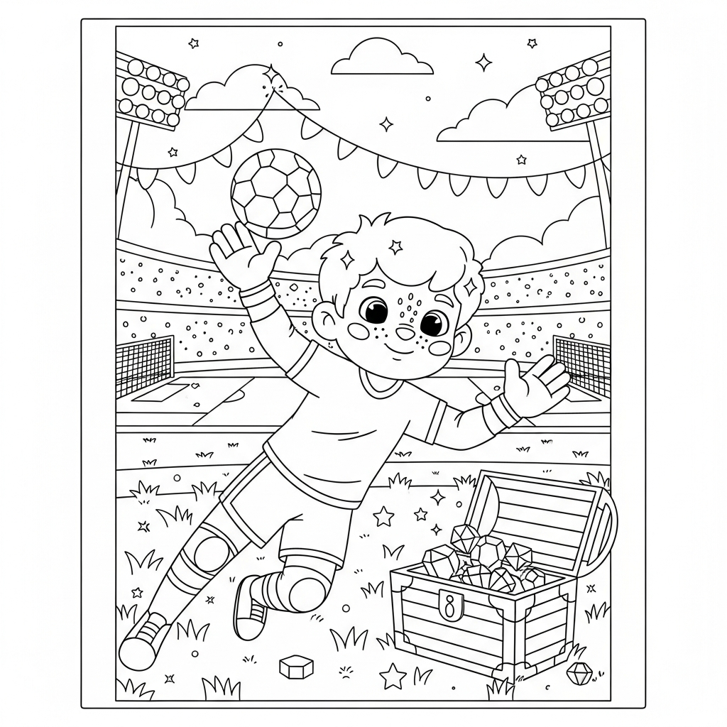Desenho de goleiro para colorir encontrando baú com gemas no campo de futebol.