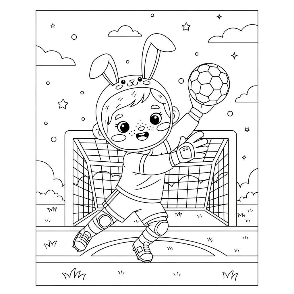 Desenho de goleiro para colorir disfarçado de coelho no campo de futebol.