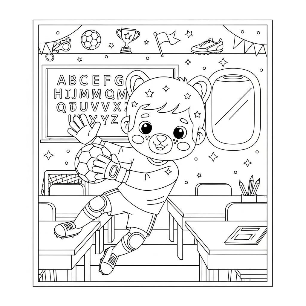 Desenho de goleiro para colorir dentro de avião em sala de aula com lousa.
