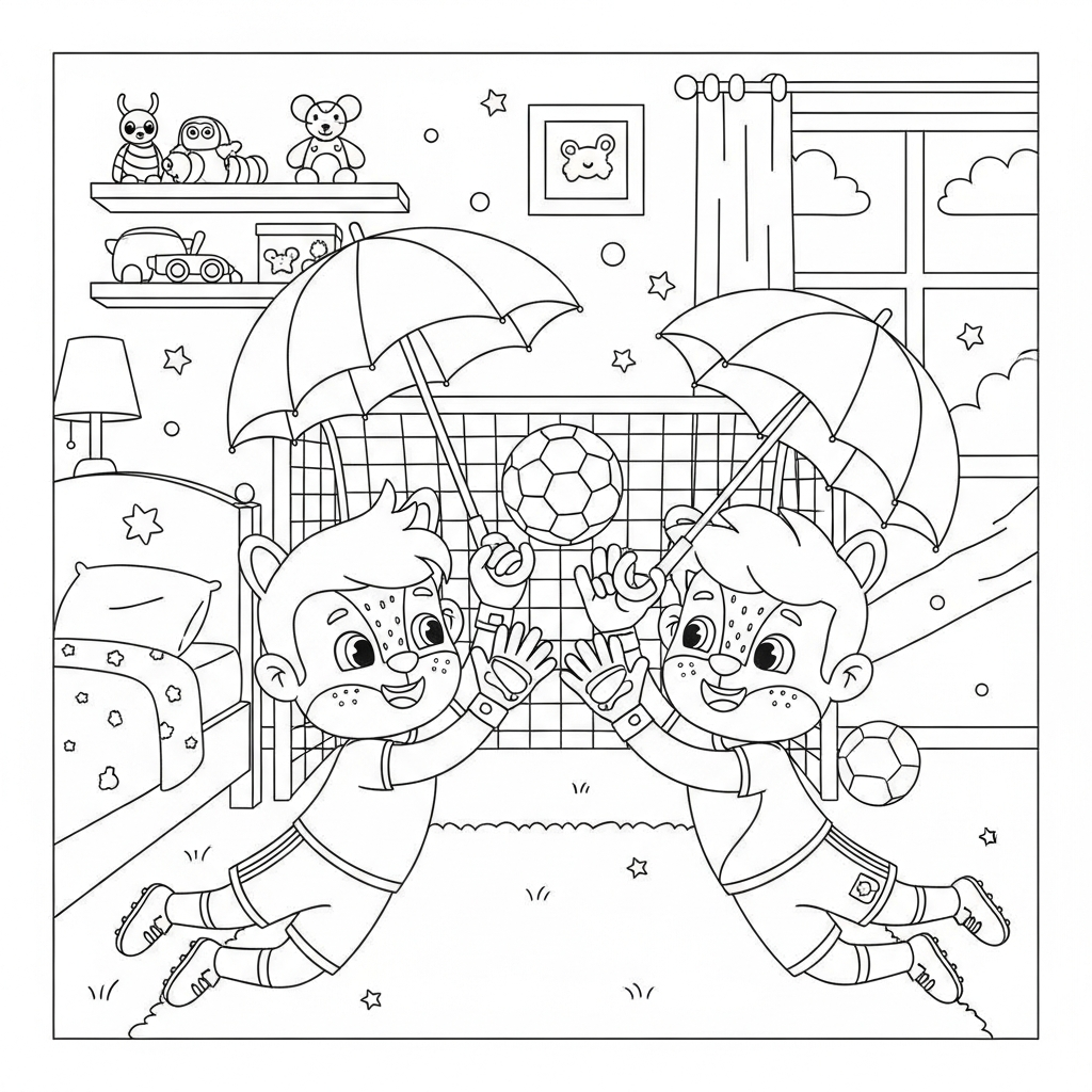 Desenho de goleiro para colorir segurando guarda-chuva no quarto com cama e brinquedos