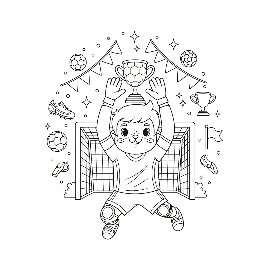 Desenho de goleiro para colorir segurando troféu acima da cabeça na sala com TV grande