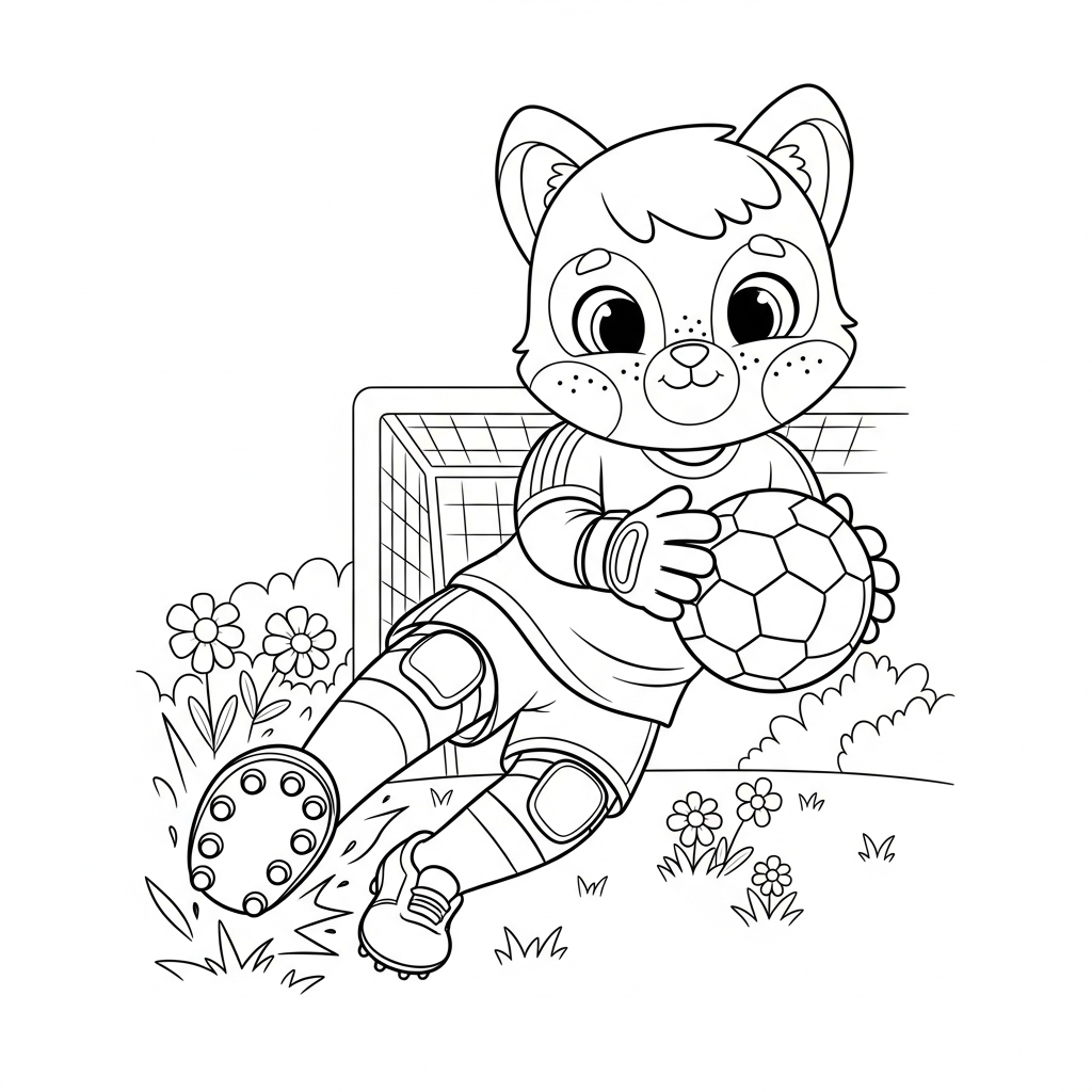 Desenho de goleiro para colorir colhendo flores no campo, em cozinha decorada para a Copa.