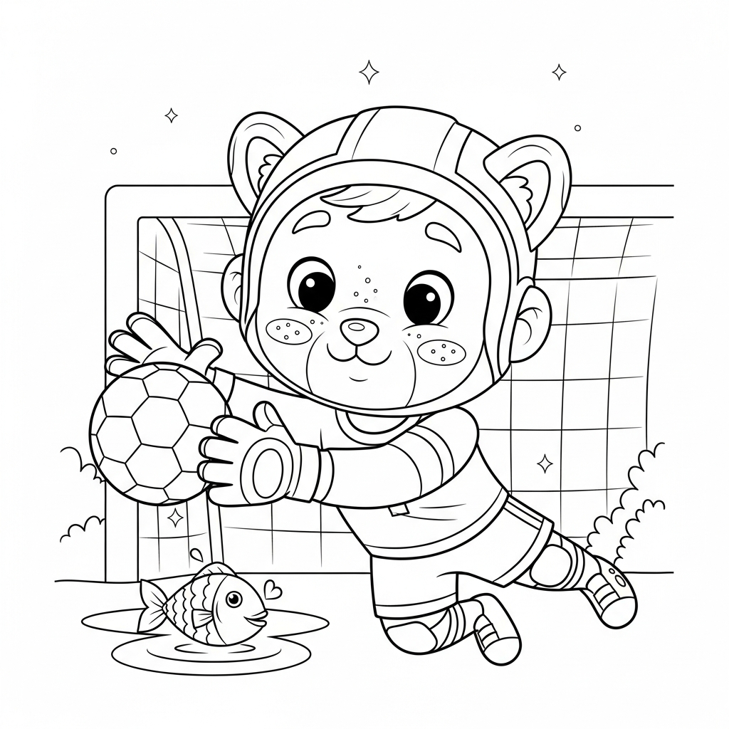 Desenho de goleiro para colorir alimentando peixinhos na lagoa durante churrasco brasileiro no quintal.