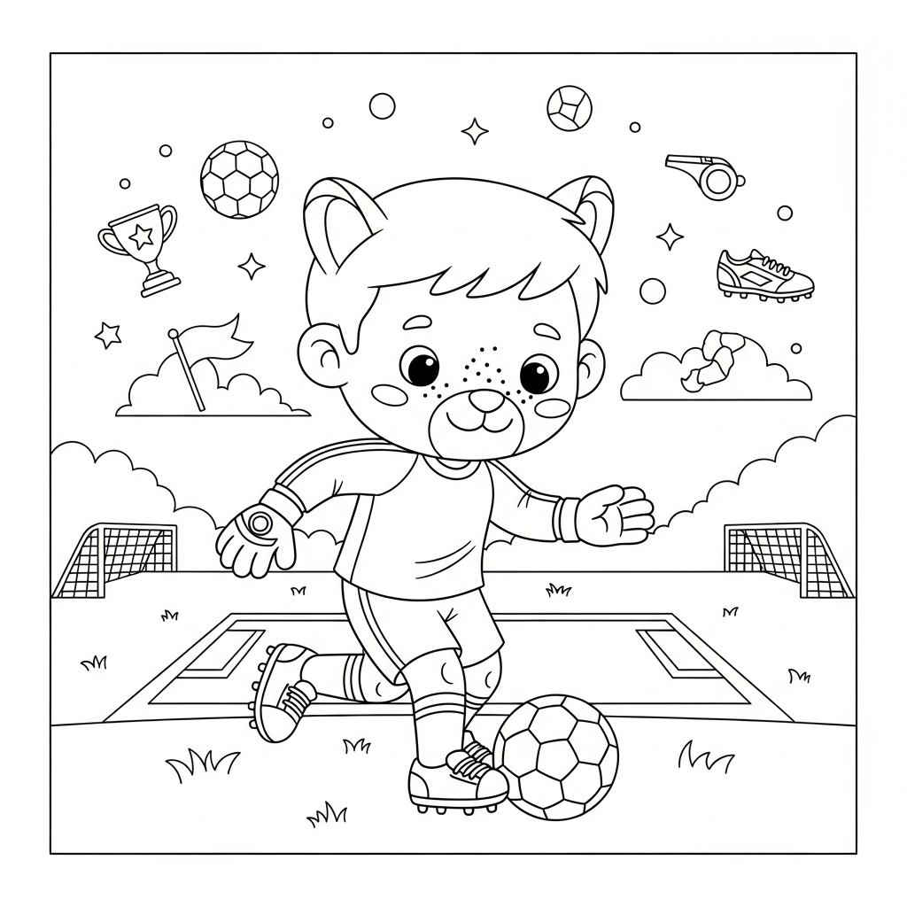 Desenho de goleiro para colorir driblando bola no pé esquerdo em campo com gols.