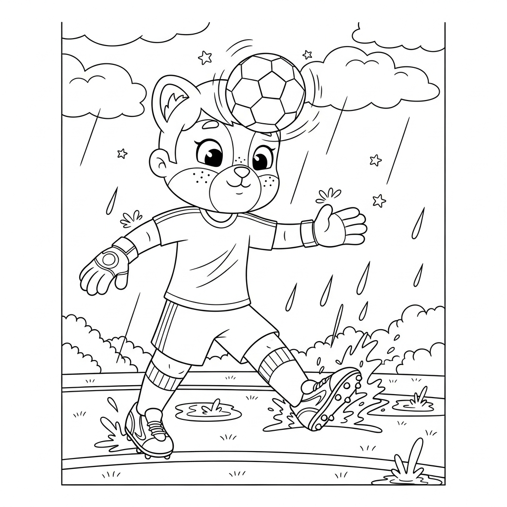 Desenho de goleiro para colorir cabeceando em pé no campo chuvoso com poças