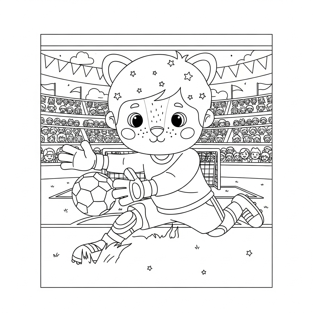 Desenho de goleiro para colorir protegendo a bola com corpo no estádio lotado