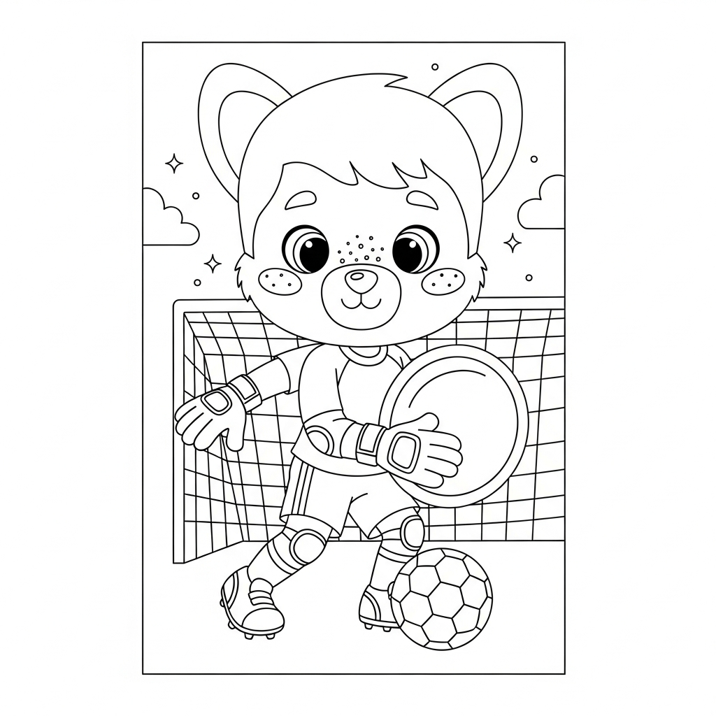 Desenho de goleiro para colorir protegendo a bola no estádio iluminado à noite.