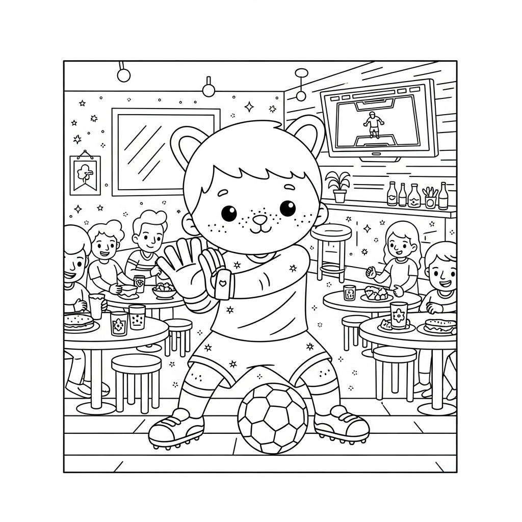Desenho de goleiro para colorir protegendo a bola em lanchonete com TV ligada.