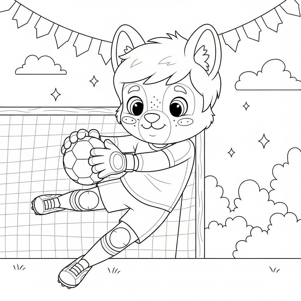 Desenho de goleiro para colorir desarmando com pé esquerdo no campo com gols ao fundo