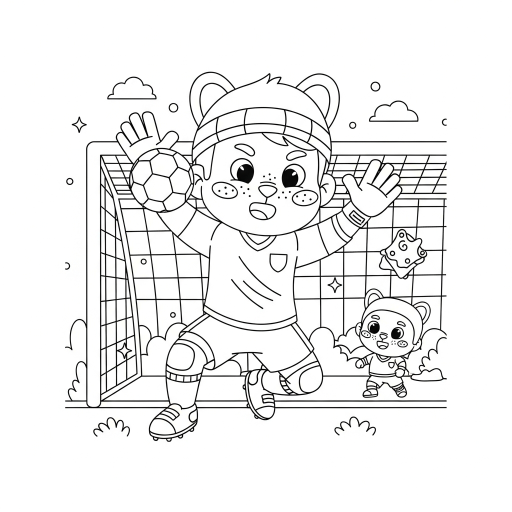 Desenho de goleiro para colorir correndo para defender contra-ataque em estádio iluminado à noite