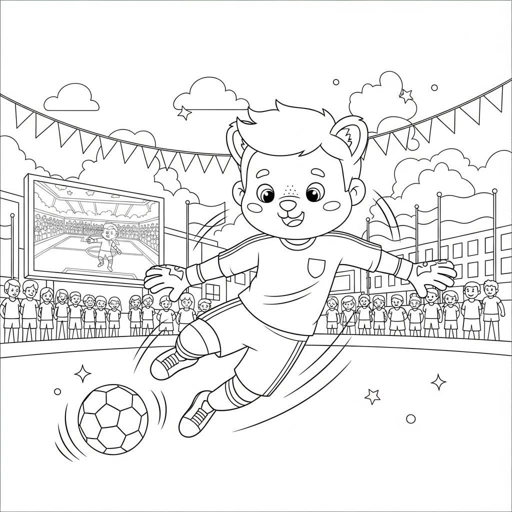 Desenho de goleiro para colorir antecipando adversário em praça com telão gigante