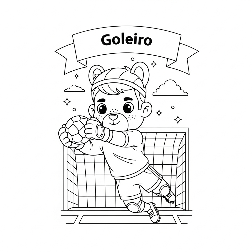 Desenho de goleiro para colorir socando a bola no círculo central do campo.