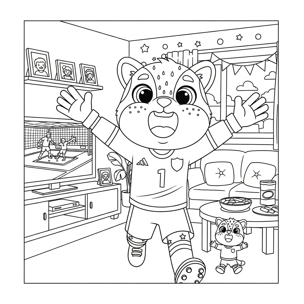 Desenho de goleiro para colorir comemorando gol braços abertos na sala com TV grande