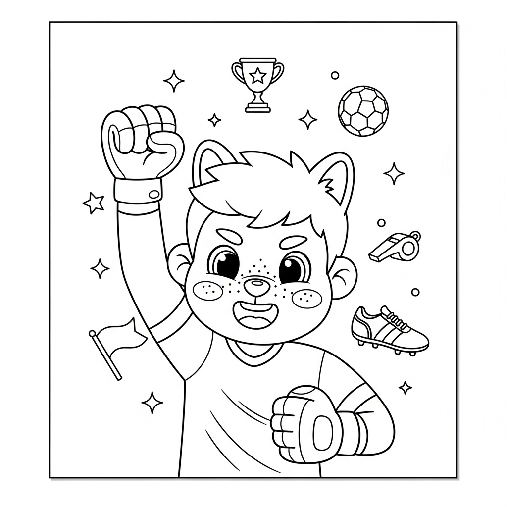 Desenho de goleiro para colorir comemorando gol com punho cerrado na sala de imprensa