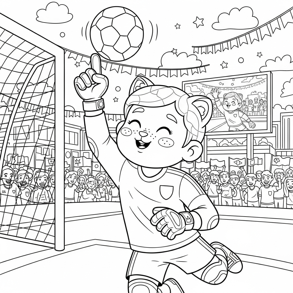 Desenho de goleiro para colorir apontando para o céu em praça com telão gigante.