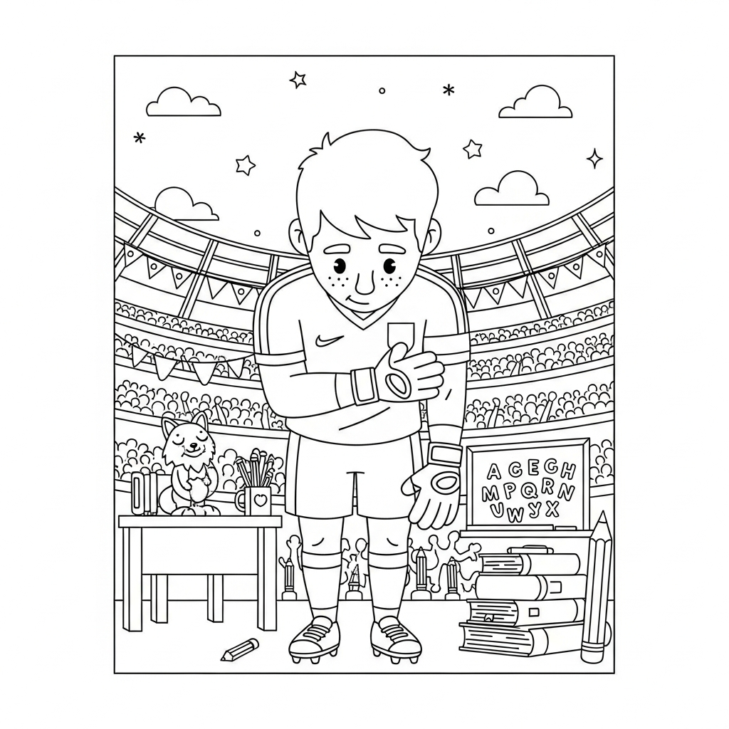 Desenho de goleiro para colorir fazendo reverência ao público em sala de aula com lousa