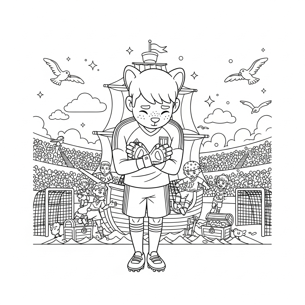 Desenho de goleiro para colorir fazendo reverência ao público em navio pirata.
