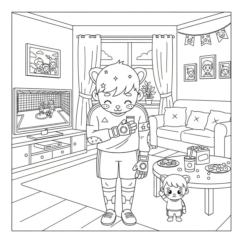 Desenho de goleiro para colorir fazendo reverência ao público na sala com TV grande