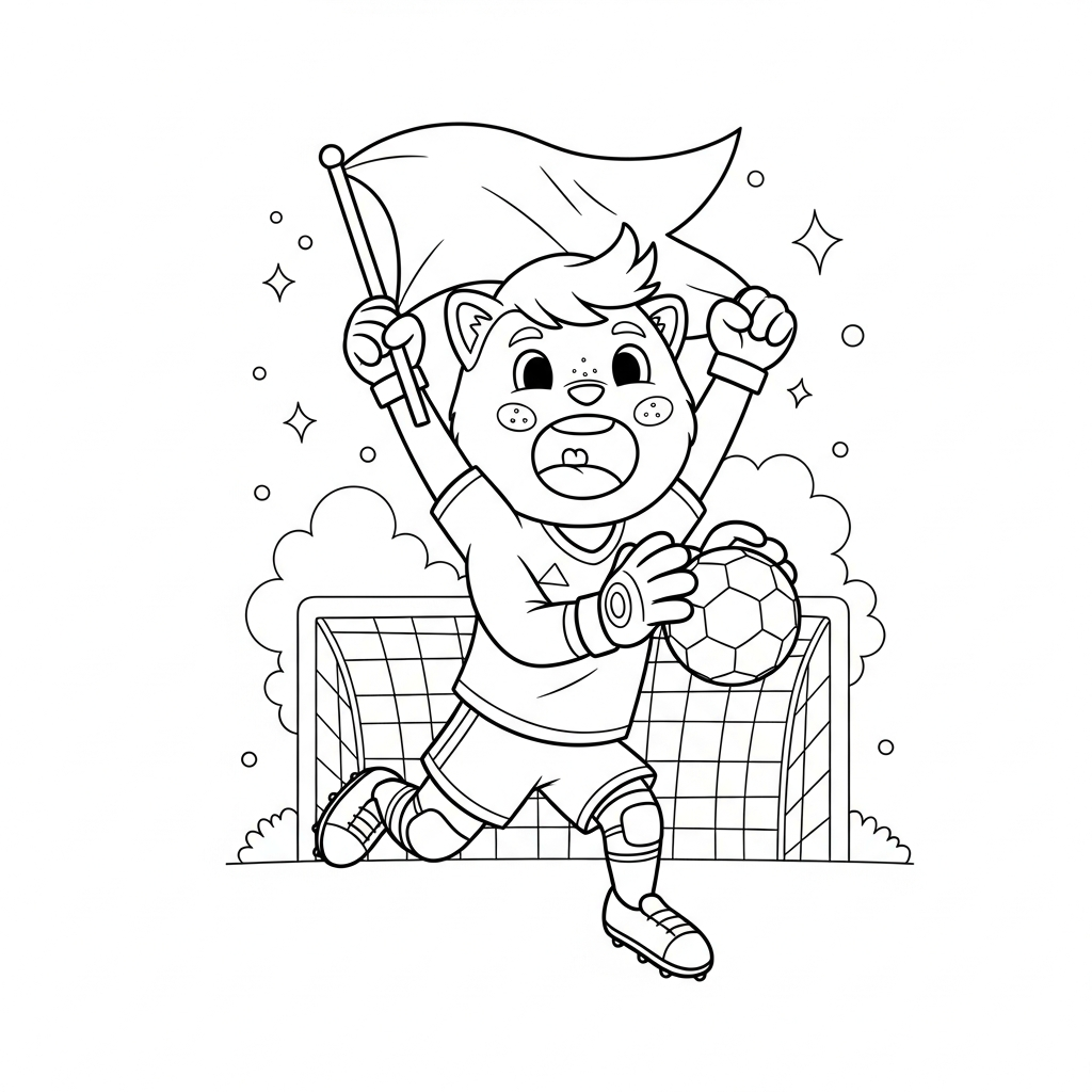 Desenho de goleiro para colorir torcendo com bandeira em estádio lotado