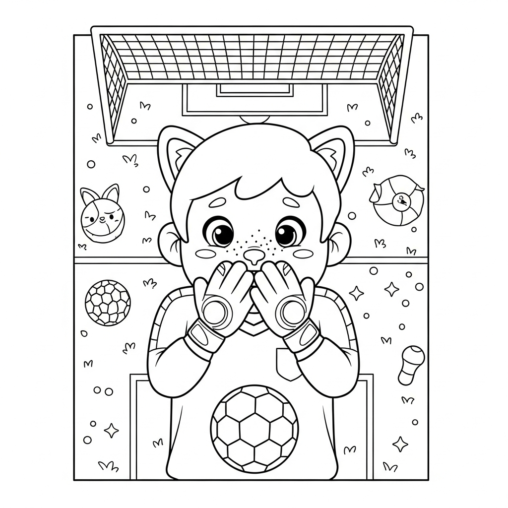 Desenho de goleiro para colorir assistindo nervoso com mãos no rosto no campo.