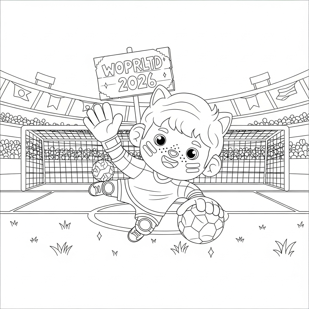 Desenho de goleiro para colorir segurando cartolina com mensagem em estádio lotado