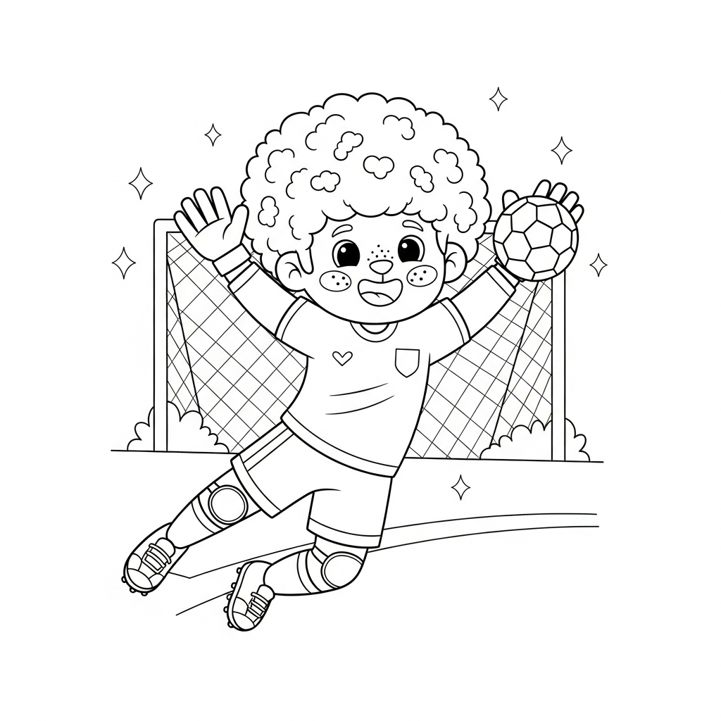 Desenho de goleiro para colorir com peruca colorida no canto do escanteio