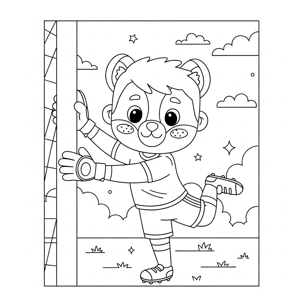 Desenho de goleiro para colorir alongando apoiado na trave em campo com gols ao fundo