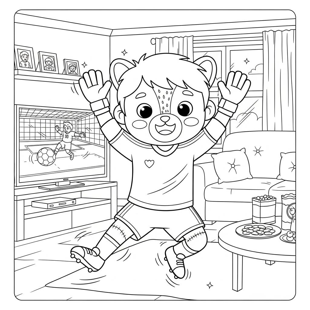 Desenho de goleiro para colorir fazendo polichinelo na sala com TV grande