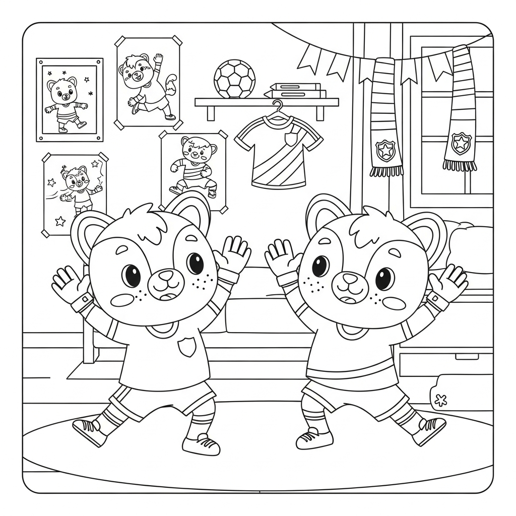 Desenho de goleiro para colorir fazendo polichinelo no quarto com pôsteres futebolísticos
