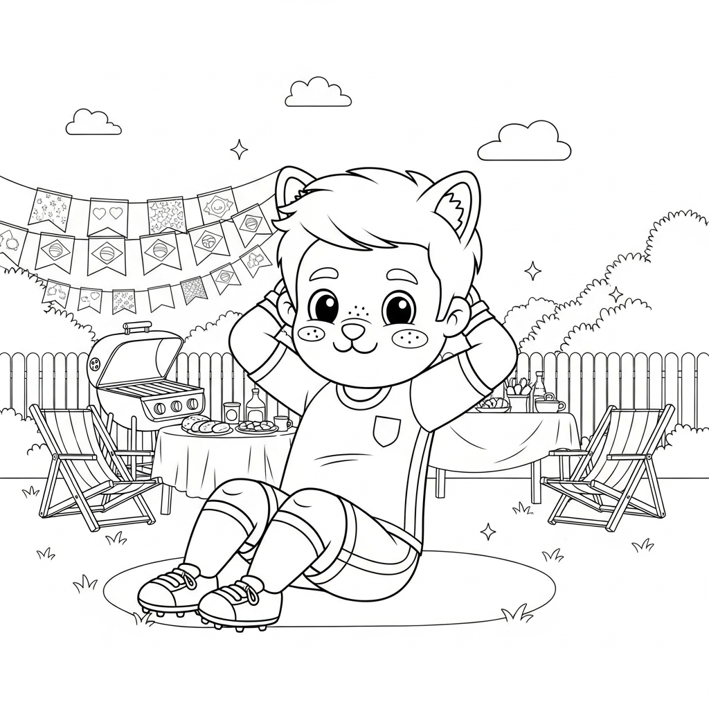 Desenho de goleiro para colorir fazendo abdominais no campo durante churrasco brasileiro no quintal.