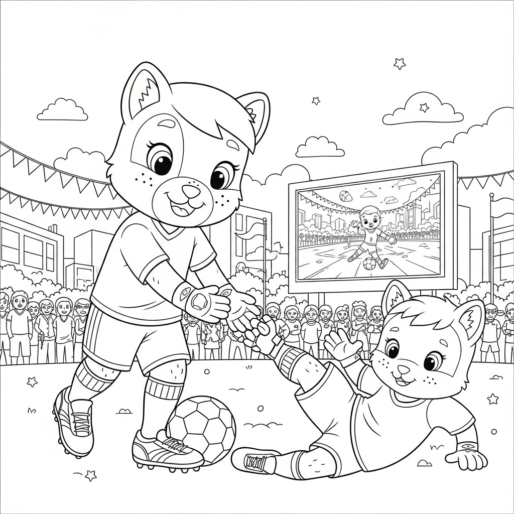 Desenho de goleiro para colorir ajudando adversário a levantar em praça com telão gigante