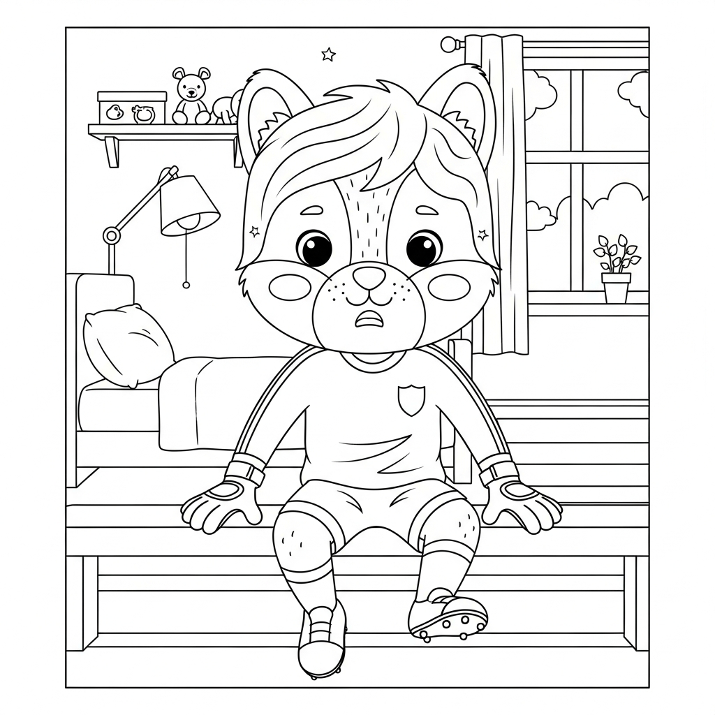 Desenho de goleiro para colorir aguardando entrar em campo no quarto com cama e brinquedos