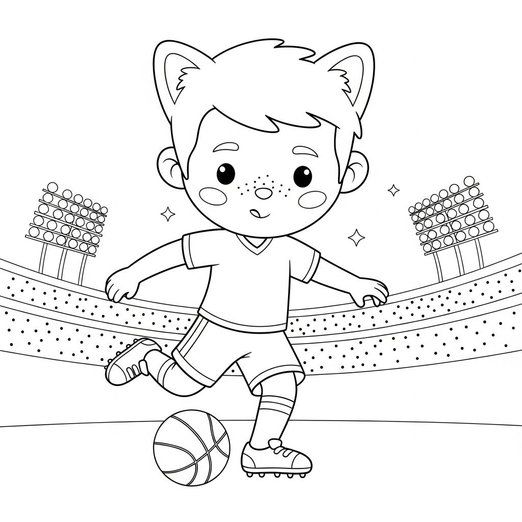 Desenho de jogador de futebol para colorir driblando bola de basquete com bandeirinhas flutuando