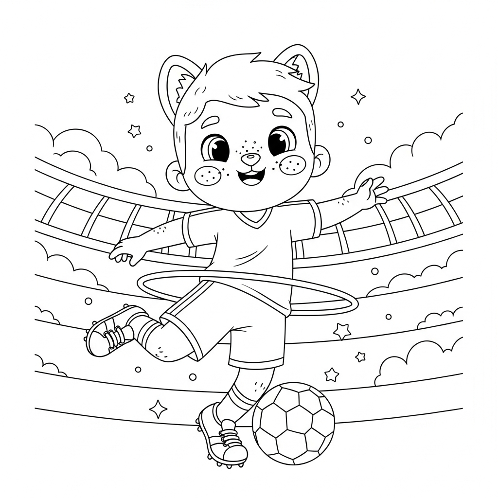Desenho de jogador de futebol para colorir brincando com bambolê, bolas e estrelas decorativas.