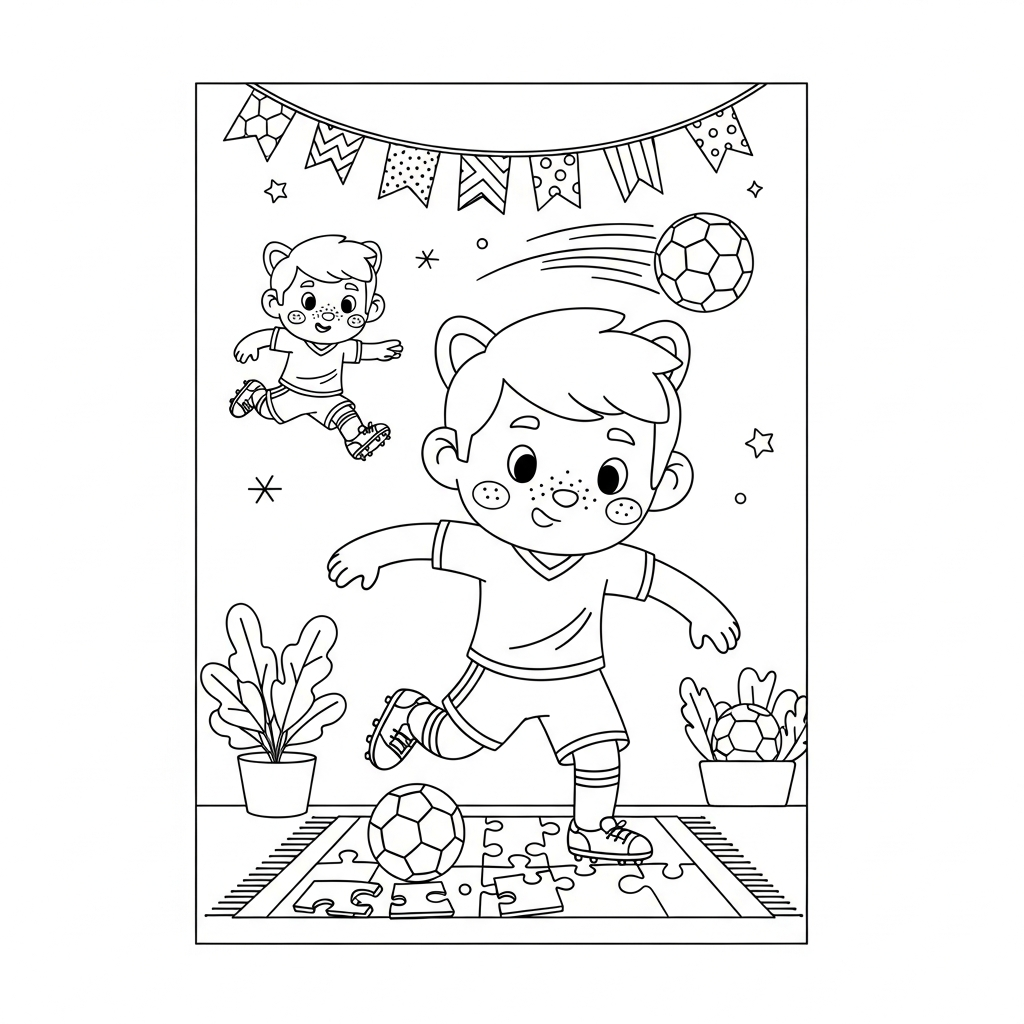 Desenho de jogador de futebol para colorir montando quebra-cabeças no tapete com bolas e estrelas