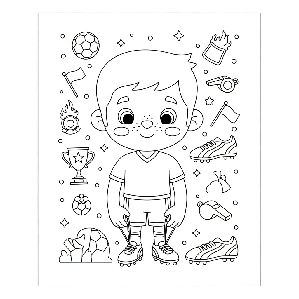 Desenho de jogador de futebol para colorir amarrando os cadarços perto de uma bola.