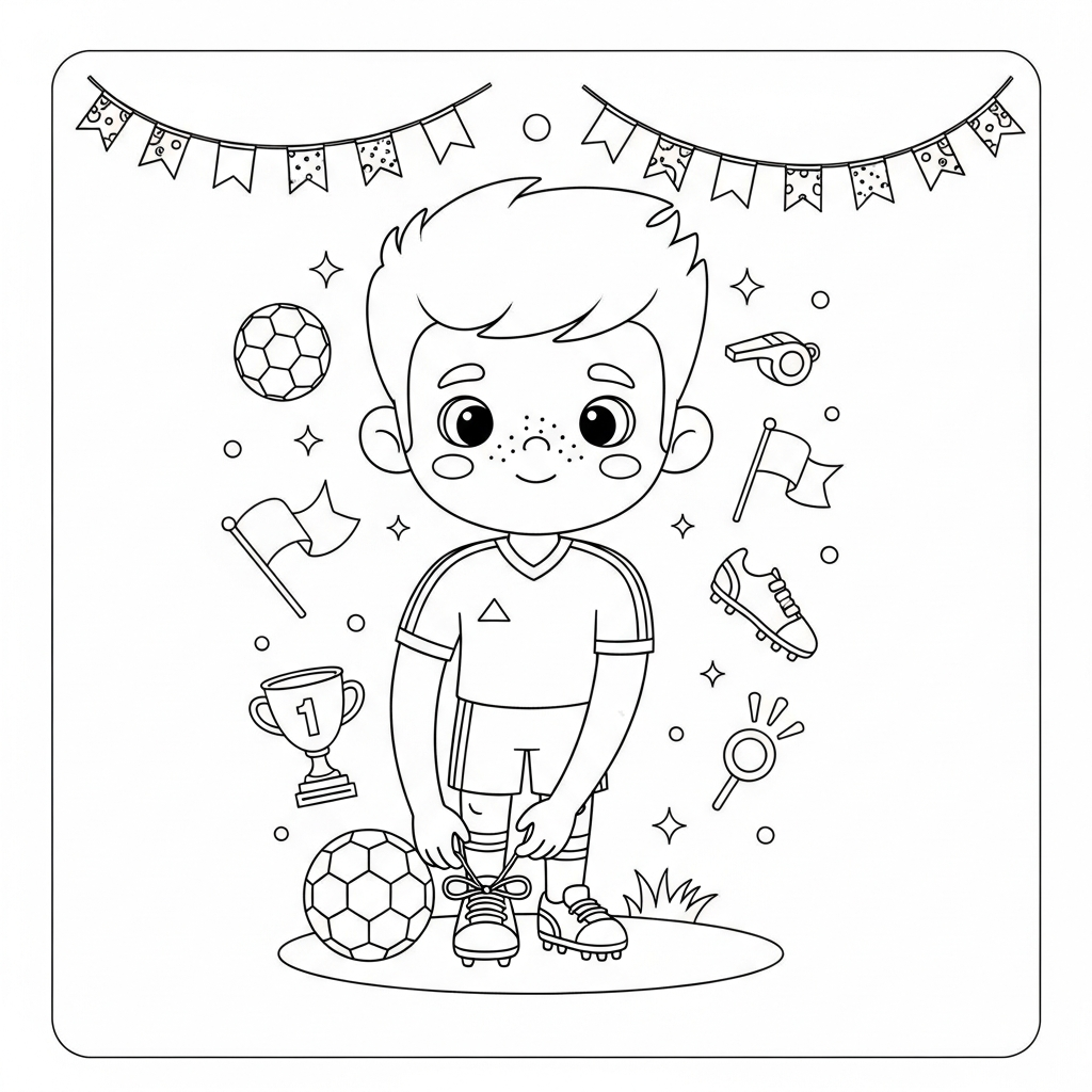 Desenho de jogador de futebol para colorir amarrando cadarços com bandeirinhas de festa flutuando