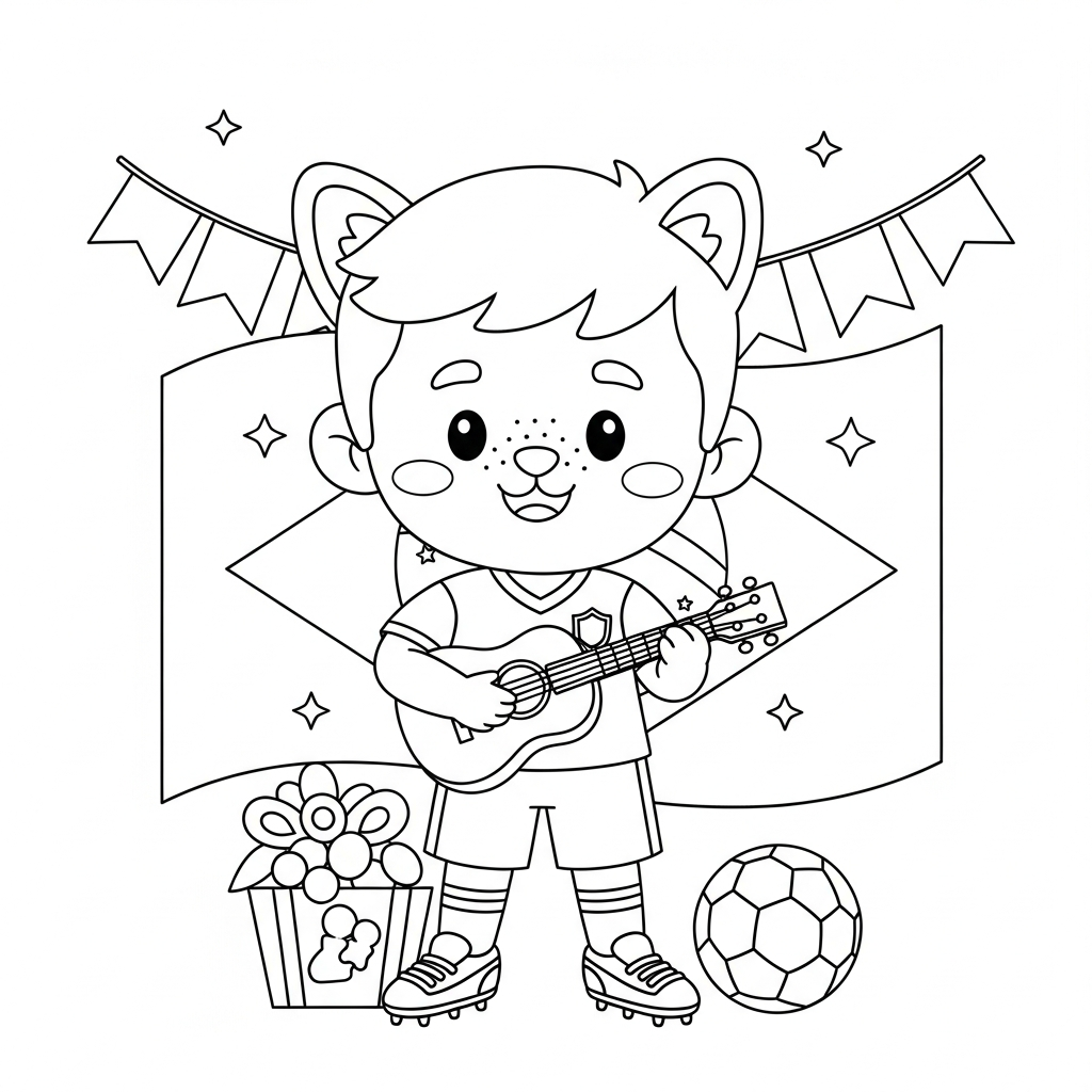 Desenho de jogador de futebol para colorir tocando ukulele em pose alegre