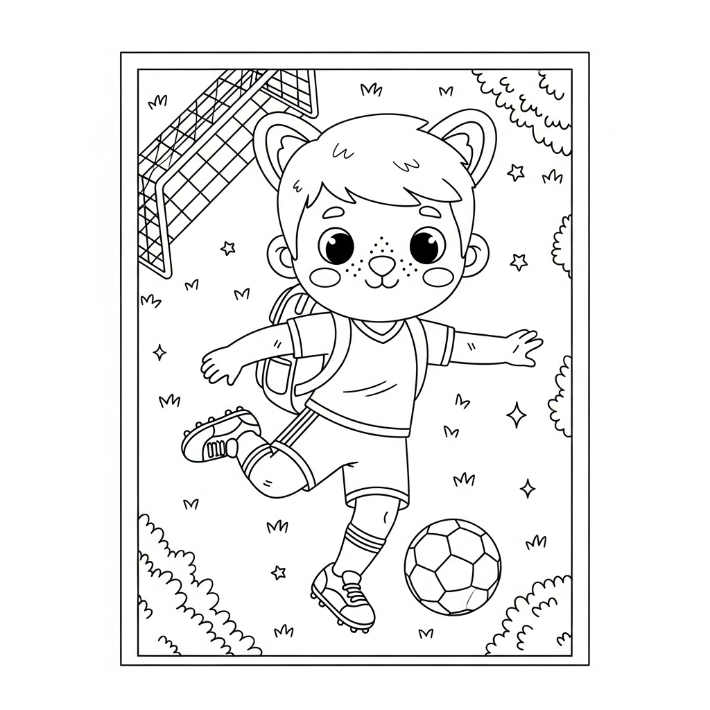 Desenho de jogador de futebol para colorir explorando floresta com mochila, bolas e estrelas decorativas.