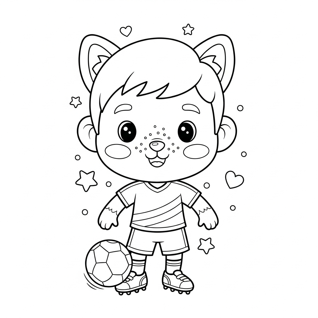 Desenho de jogador de futebol para colorir dando uma piruetazinha entre estrelinhas e corações.