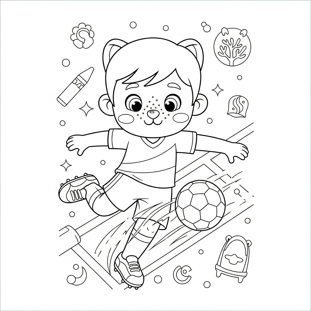 Desenho de jogador de futebol para colorir chutando bola no canto com estrelinhas e corações