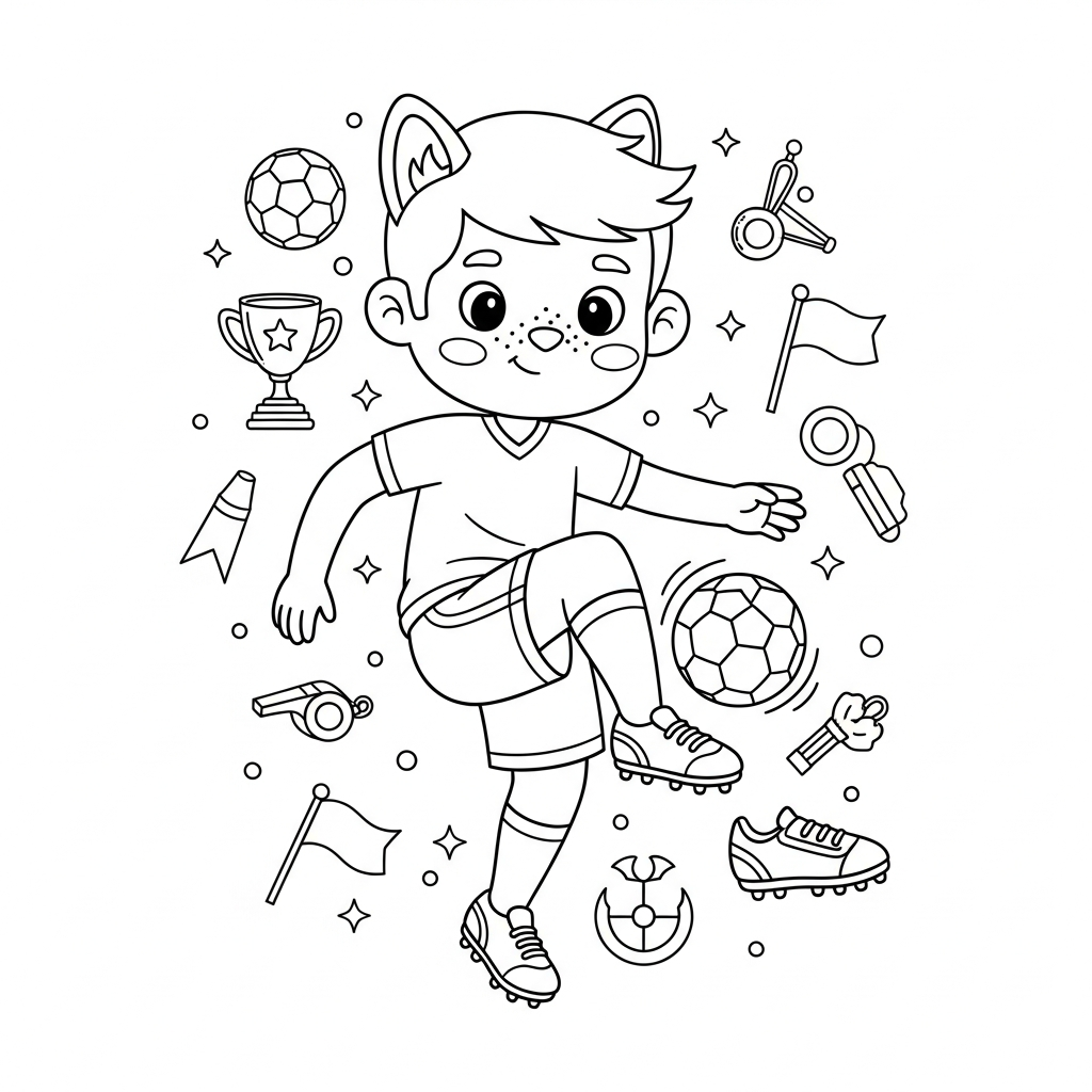 Desenho de jogador de futebol para colorir amortecendo bola na coxa com troféu e medalha.