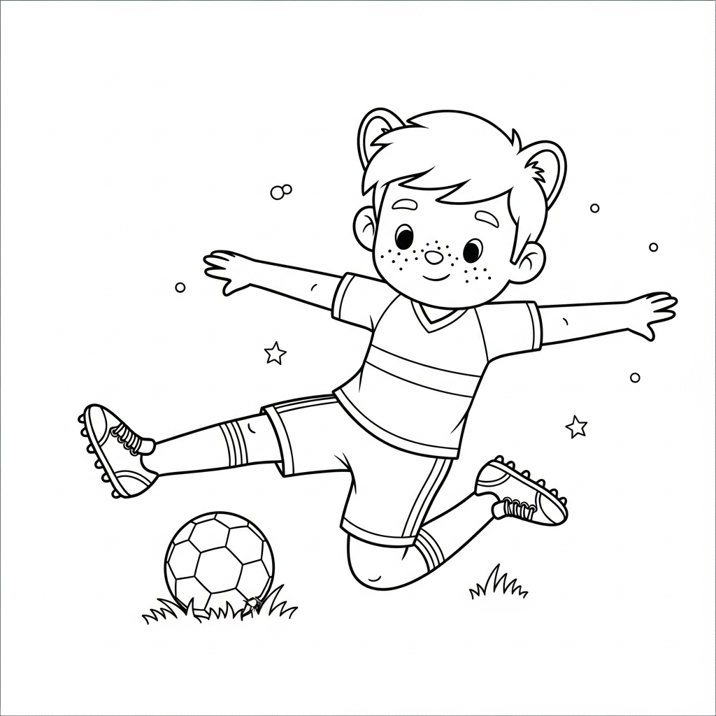 Desenho de jogador de futebol para colorir dando carrinho na bola com estrelinhas e corações