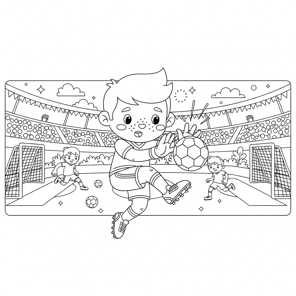 Desenho de jogador de futebol para colorir bloqueando chute com corpo e bandeirinhas flutuando
