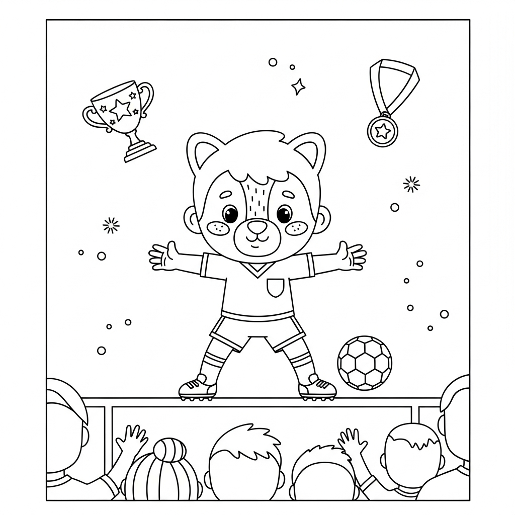Desenho de jogador de futebol para colorir protegendo gol na linha com troféu e medalha.