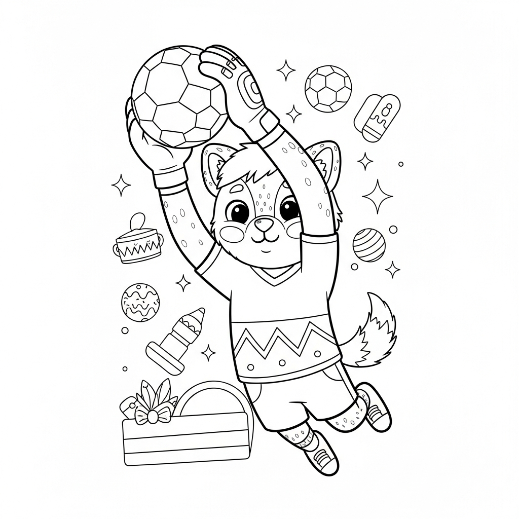 Desenho de jogador de futebol para colorir socando a bola perto de um cone pequeno.