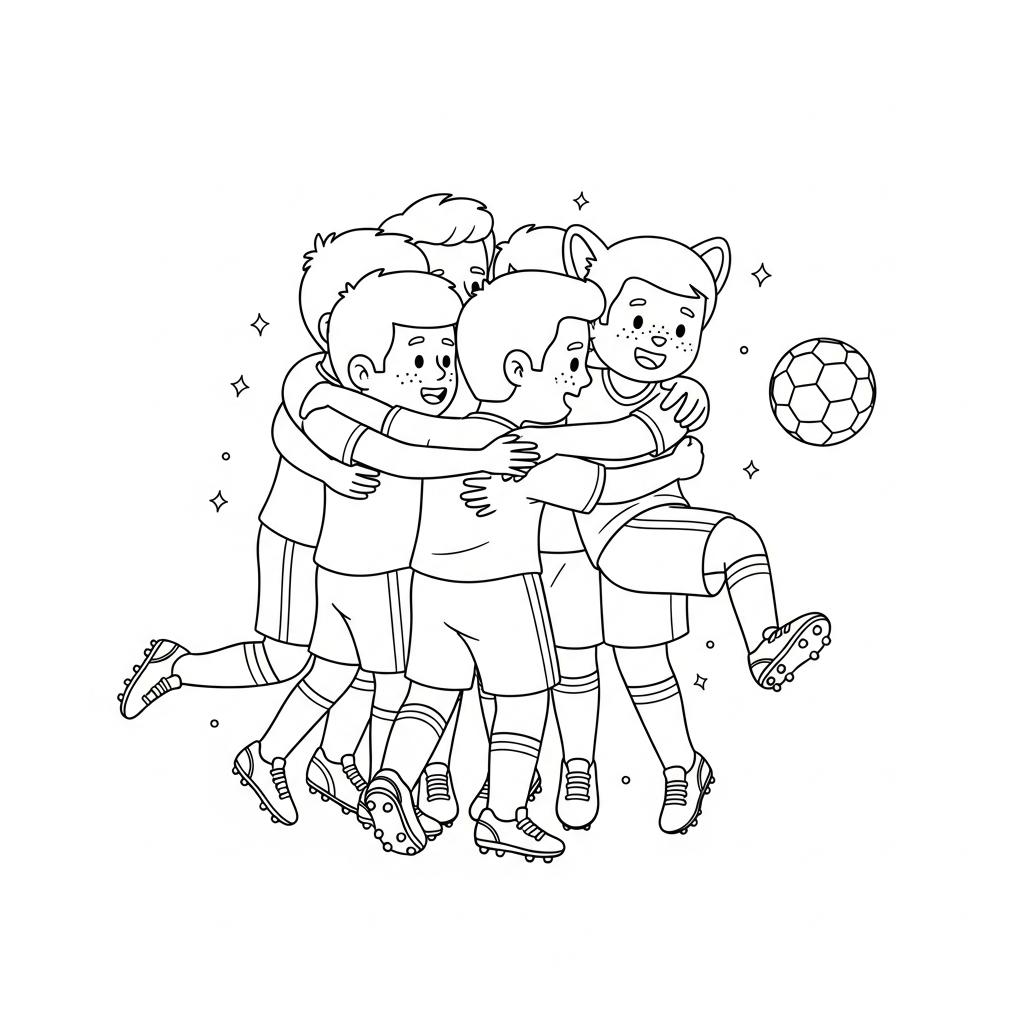 Desenho de jogador de futebol para colorir abraçando colegas em grupo unido